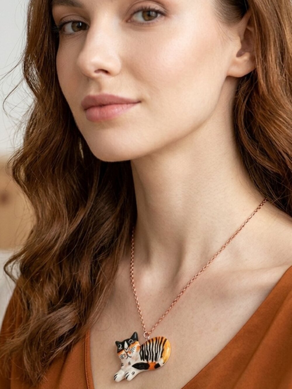 🐈😺Handmade Whimsical Calico Tabby Cat Pendant Necklace Artisan Indie MEOW!😺🐈